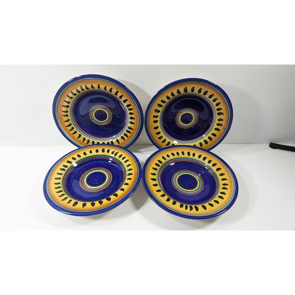 Pier 1 Other - Set of 4 Pier 1 ITALIAN SWIRL 9 1/2" Bowl Earthenware Hand Painted Yellow Navy